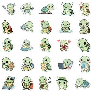 Cute cartoon turtle sticker details showing various funny activities and waterproof designs.