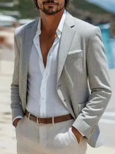 Detailed closeup view of a stylish mens casual blazer jacket outdoors, showcasing fine texture.