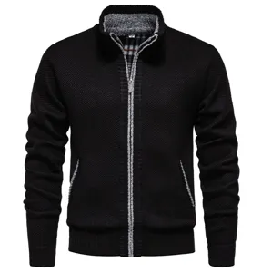 Men's black knit zip cardigan jacket detail, showing collar, texture, and zipper craftsmanship.