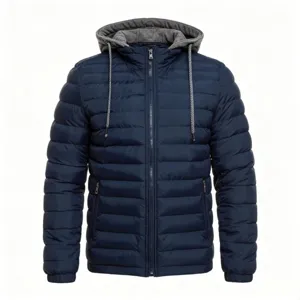 Detailed view of men's winter quilted puffer jacket with contrast grey hood and zipper.