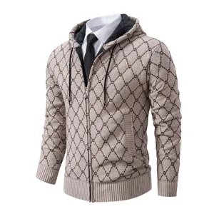 Gilet en tricot à capuche doublé polaire pour homme, motif losanges marron, hiver chaud.