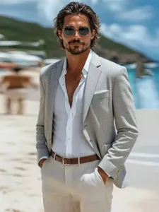 Detail view of men's casual slim-fit suit jacket, stylish grey blazer for modern daily wear.