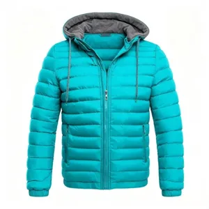 Detailed view of men's winter hooded puffer jacket in bright cyan with secure zipper and warm lining.