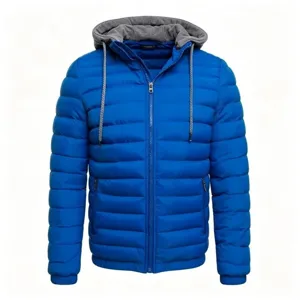 Men winter hooded padded jacket casual warm zip coat outerwear European style fashion blue