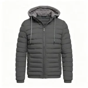 Men's winter casual hooded puffer jacket in dark gray with full zipper and warm fleece lining.