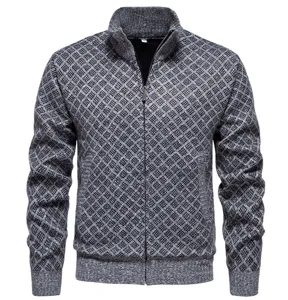 Chaqueta de punto para hombre con cremallera cuello alto sueter gris con patron