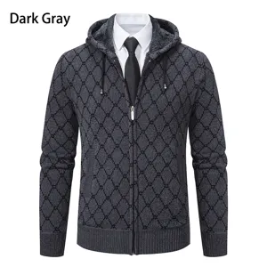 Gilet zippé en maille à capuche pour homme gris foncé avec motif losange classique.