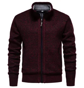 Detailed view of men's knitted zip cardigan, featuring textured fabric and stand collar.