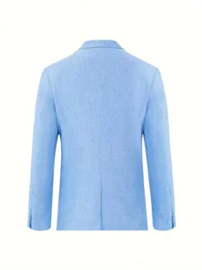 Back view detail of light blue men casual blazer slim fit single suit jacket garment.
