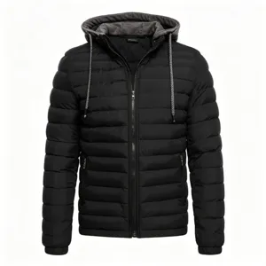 Black hooded puffer jacket detail showing the textured quilted fabric and grey drawstring.