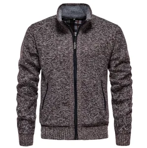 Mens winter warm knitted cardigan jacket casual stand collar fleece zip up sweater coat