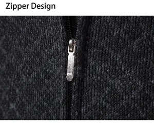 Detalle de cárdigan de punto para hombre con cremallera de metal duradera y suave.