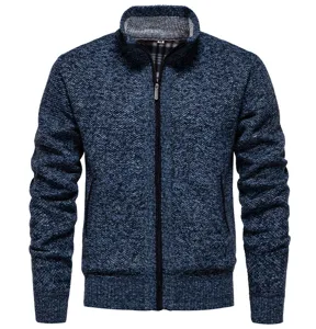Mens casual knit cardigan zip up stand collar fleece sweater jacket winter warm outerwear