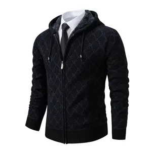 Cardigan En Tricot Pour Homme Capuche Doublé Polaire Motif Losanges Pull Veste Tendance
