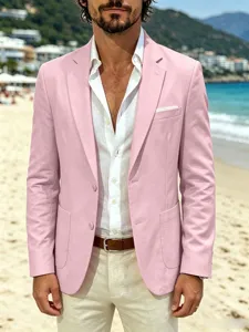 Men's pink linen casual suit jacket slim fit stylish blazer for beach vacation and daily wear.