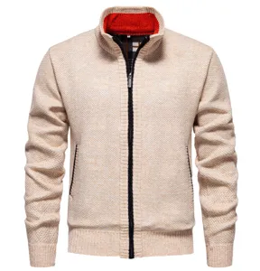 Men's thermal knit cardigan jacket with stand collar, full zip winter sweater outerwear.