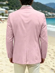 Men pink slim fit casual suit jacket detail, stylish single breasted blazer back view.