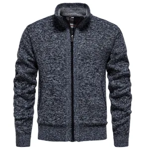 Men's winter warm knit cardigan zip up jacket stand collar casual outerwear sweater