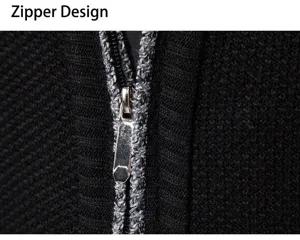 Close-up view of men's casual cardigan zipper detail, featuring textured black knit fabric.