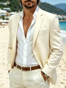 Close-up detail of men's casual linen blazer jacket in cream color, perfect for beach style.
