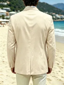 Men's casual beige suit jacket, stylish slim fit single breasted blazer for daily wear.