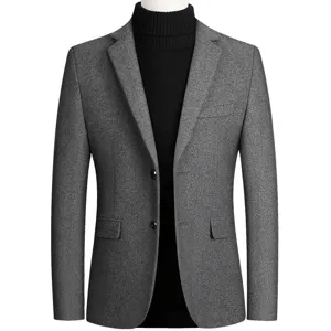Heren Zakelijk Casual Wollen Colbert Slim Fit Inkeping Revers Wolmix Blazer Jas Voor Herfst Winter