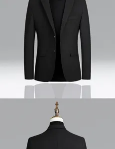 Men's black wool blazer detail view, classic lapel business casual jacket for autumn winter.