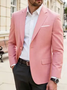 Men pink linen blend slim fit suit jacket detail view, casual business blazer top.