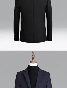 Close-up detail of mens wool blend suit jacket back and lapel collar design style.
