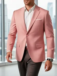 Men's slim fit pink suit jacket detail showcasing modern business casual style and tailoring.