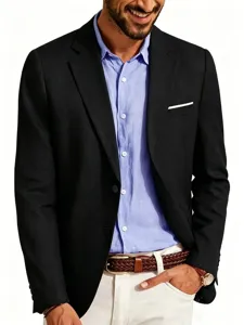 Men's slim fit cotton linen blazer casual business suit jacket stylish black top detail view