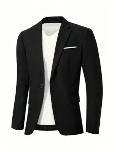Men's black casual slim fit blazer jacket with white V-neck inner top for business wear.