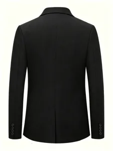 Detailed view of the back of a black men's slim fit casual blazer jacket with center vent.