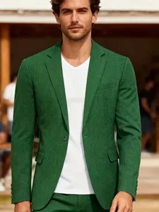 Men's green blazer detail shot, slim fit casual suit jacket for men, stylish daily wear.
