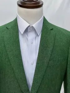 Men green suit jacket with striped shirt detail, stylish business casual blazer top apparel.