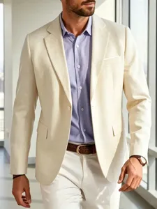Detail view of men's casual linen suit jacket in beige, slim fit business blazer style.