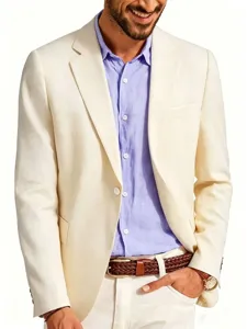 Detailed view of men's slim fit cotton linen suit jacket showcasing texture and fit.