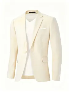 Close-up detail of the men casual linen suit jacket, showing slim fit cut, button and fabric texture.