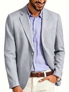 Detail view of men's casual cotton linen blazer jacket in light grey with slim fit design.