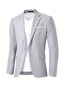 Grey men's casual blazer jacket detail showing lapel, single button, and pocket design.