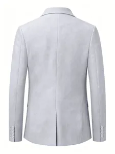 Back view detail of light grey cotton linen suit jacket showing center vent and cuff buttons.
