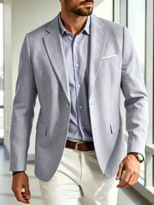 Men's casual cotton linen blazer detail, slim fit business suit jacket texture and fabric.