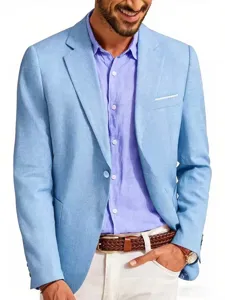 Close-up detail of men's light blue linen blazer paired with purple shirt and pants.