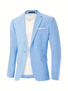 Close-up of light blue linen suit jacket details, slim fit, elegant men's blazer.