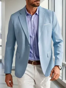 Men's light blue linen suit jacket detail, stylish casual blazer with purple shirt for business.