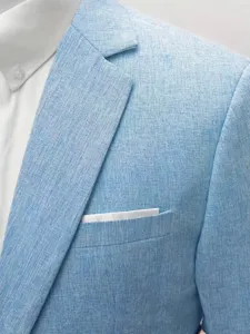 Light blue linen blend suit jacket detail, slim fit business casual blazer fabric view.