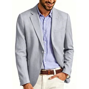 Men's casual linen blend blazer slim fit business suit jacket with stylish buttons.
