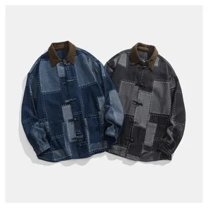 Chaqueta vaquera de estilo retro chino con retazos para hombre, abrigo ancho con solapa.