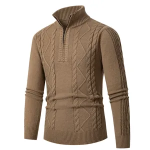 Pull en Maille Décontracté pour Homme Demi-Zip Col Montant Couleur Unie Automne Hiver Haut à Manches Longues Texture Torsadée Vêtement en Maille