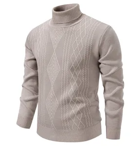 Close-up detail of men's turtleneck cable knit sweater with textured diamond pattern.
